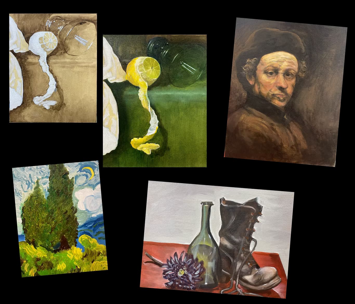 Collage van schilderijen gemaakt door eerdere cursisten